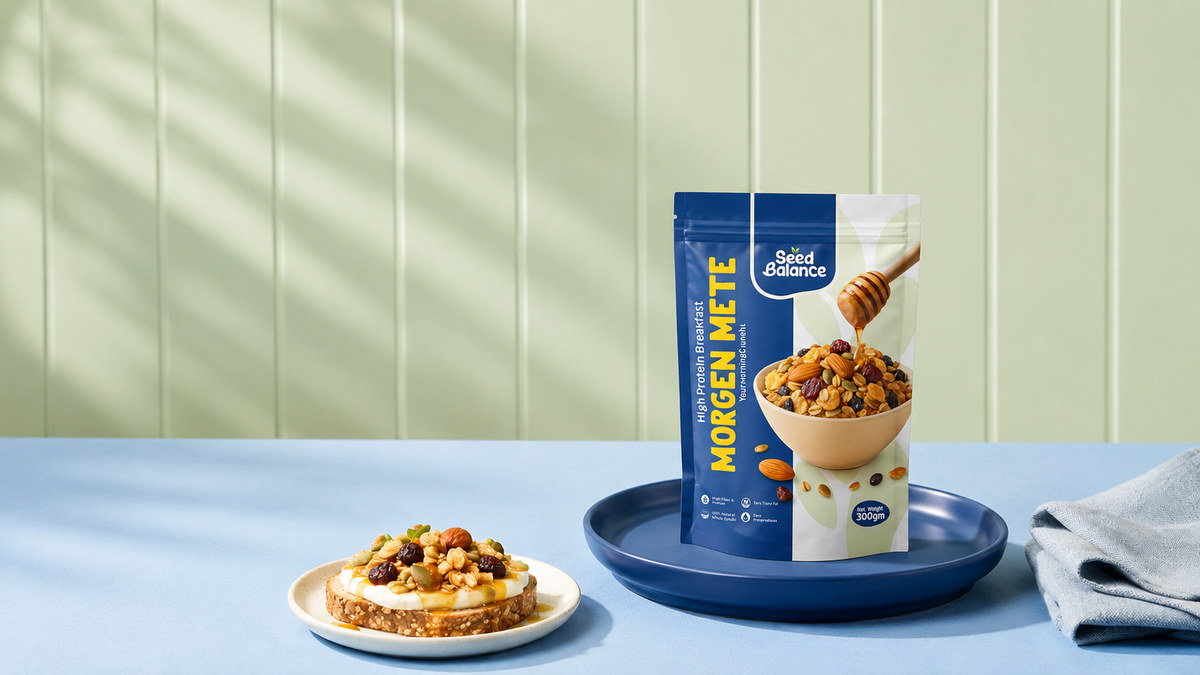 Morgen Mete Snack package with a bowl of snacks on a blue surface against a light green wall. This is depicted as a breakfast meal or as a snack